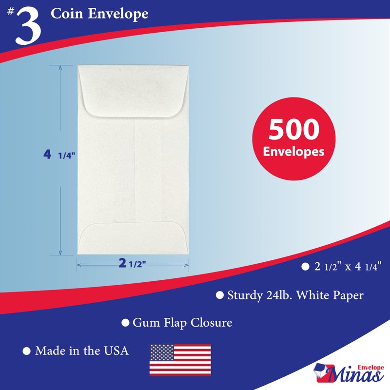 Minas Envelope 500 Minas Envelope #3 Coin Envelopes, White, 2.5 x 4.25 Inches, 24lb Paper, Gummed Flap, 500 Count - Image 2